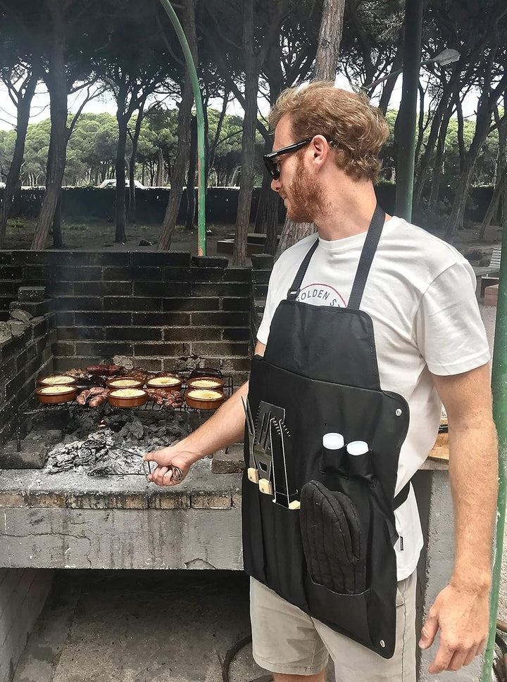 Profi Grillset mit Schürze und 7 Grillutensilien aus Edelstahl Barbecue Set mit Handschuh Pfannenwen