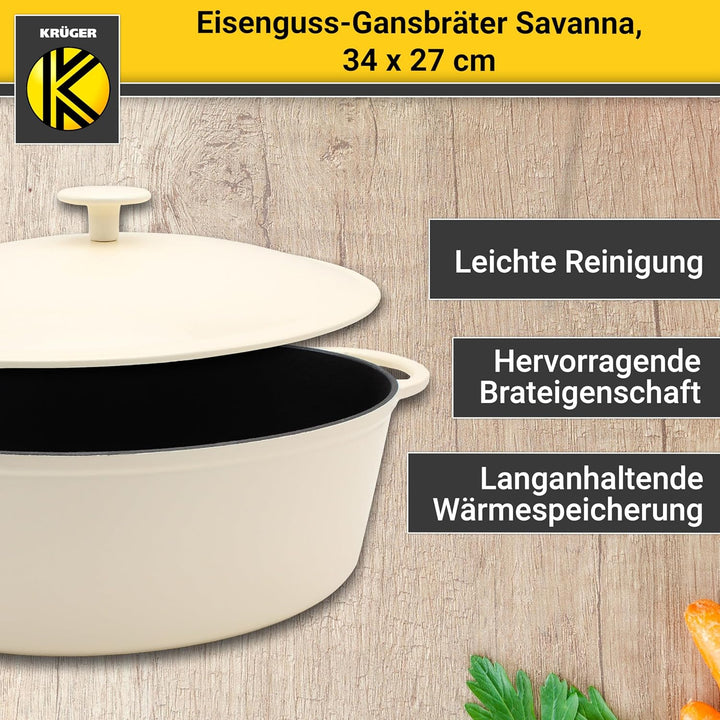Krüger Gusseisen Gansbräter mit Deckel - emailliert - hohe Hitzebeständigkeit und sehr gute Wärmespe