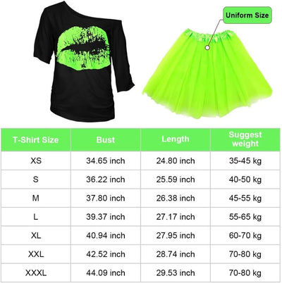 80er Jahre Outfit Damen Set, T-Shirt, Tutu, Gürteltasche, Stirnband, Ohrring, Halskette, Netzhandsch
