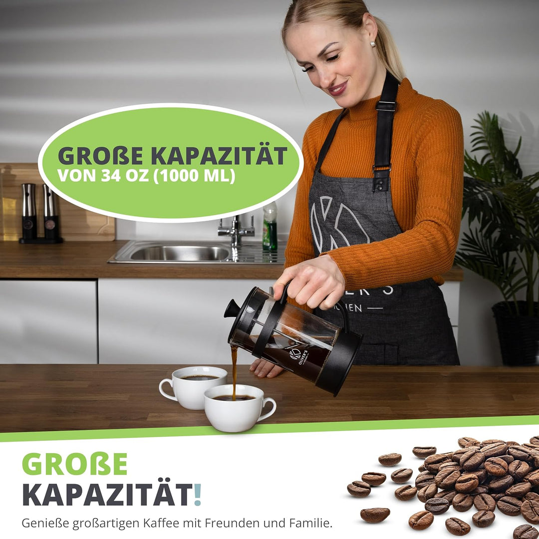 Oliver's Kitchen® French Press 1 liter - Eleganter Kaffeebereiter aus Glas - Kaffee Maschine für aut
