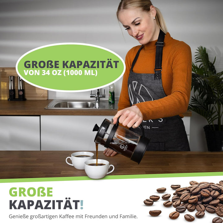 Oliver's Kitchen® French Press 1 liter - Eleganter Kaffeebereiter aus Glas - Kaffee Maschine für aut