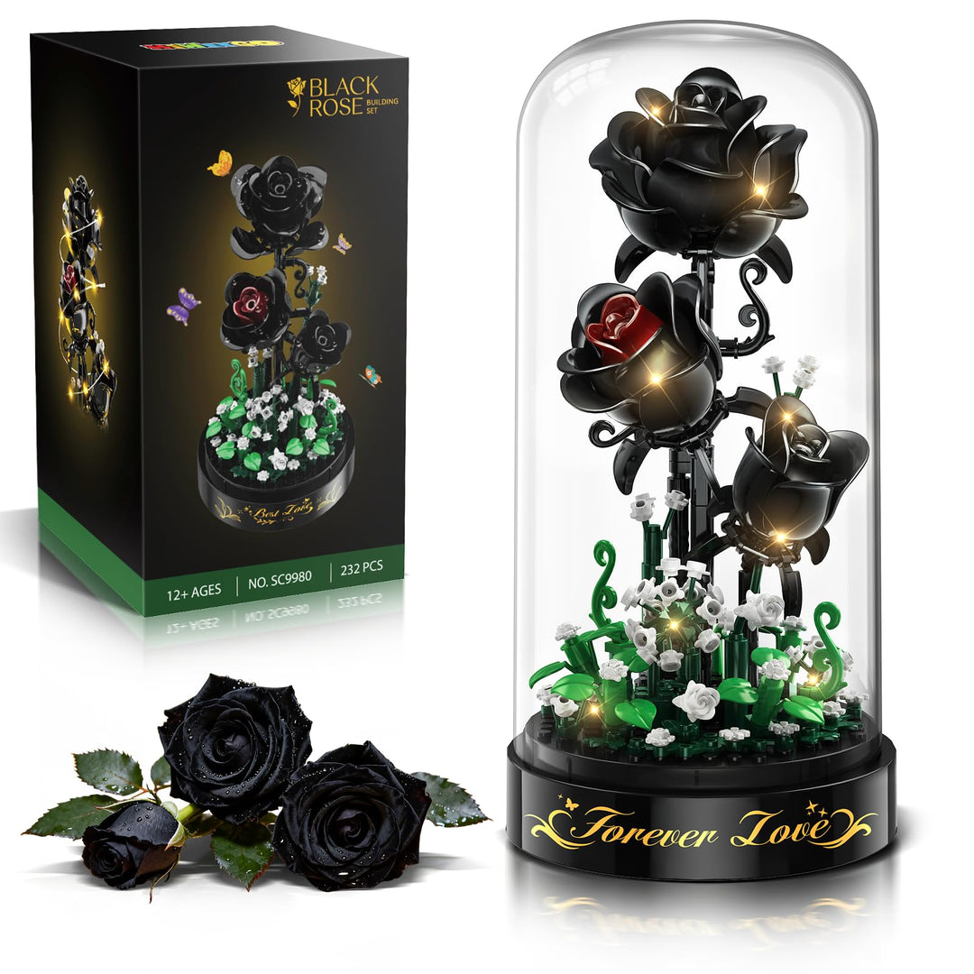 Blumen Rosen Bausatz mit LED Licht, 232 Teile Schwarzer Rosenstrauss, 3.6MM Blumenstrauss Baustein S