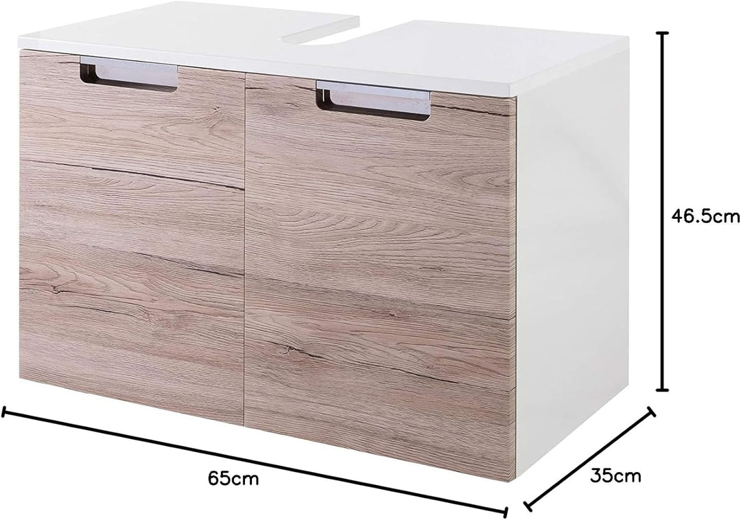 Schildmeyer Rilana 130516 Waschbeckenunterschrank, weiss Glanz/Eiche Sanremo Dekor, 46,5 x 65 x 35 c