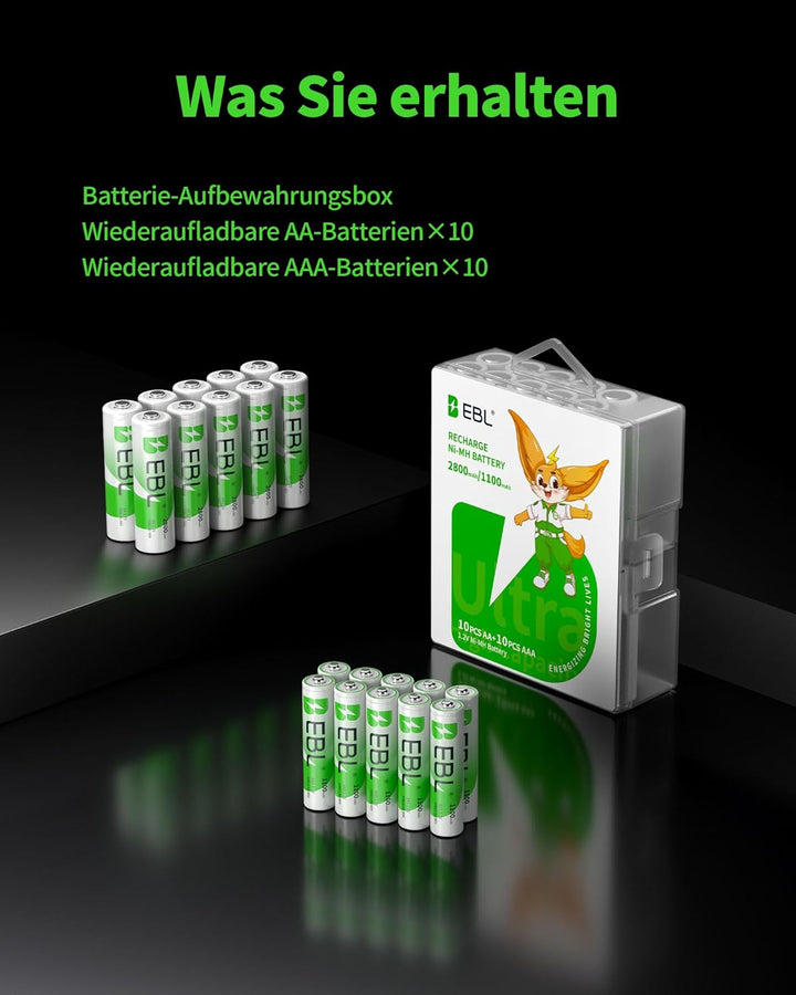 AA Akku AAA Akku 20er Pack: EBL 10x 2800mAh AA + 10x 1100mAh AAA - Wiederaufladbar, Geringe Selbsten