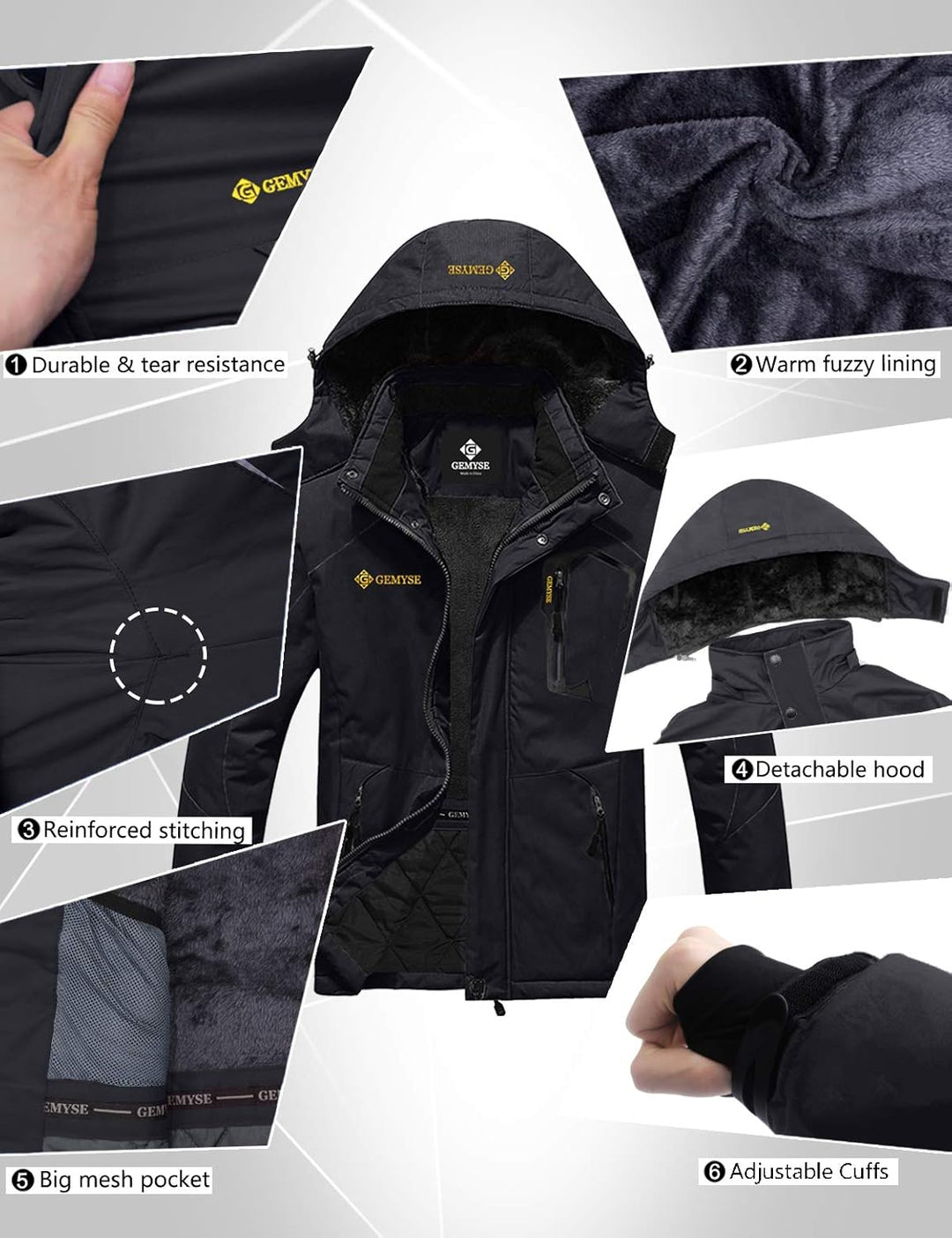 GEMYSE Herren Wasserdichte Berg-Skijacke Winddichte Fleece Outdoor-Winterjacke mit Kapuze S Schwarz,