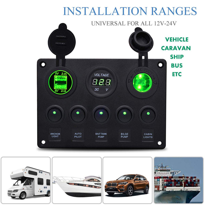 Boot Multi-Funktions-Panel - 5 Gang ON-Off Kippschalter Panel, Dual-USB-Buchse Ladegerät 2.1A & 2.1A