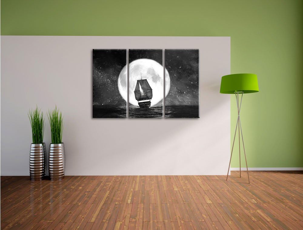 Pixxprint Segelschiff bei Vollmond Kunst / 3-Teilig/Gesamtmass 120cm Leinwandbild bespannt auf Holzr