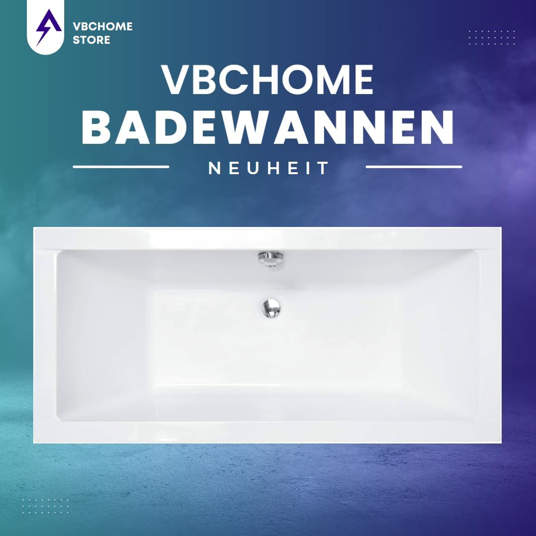 VBChome Badewanne 165x75 cm Acryl SET Wannenträger Siphon Wanne Rechteck Weiss Design Modern Styropo