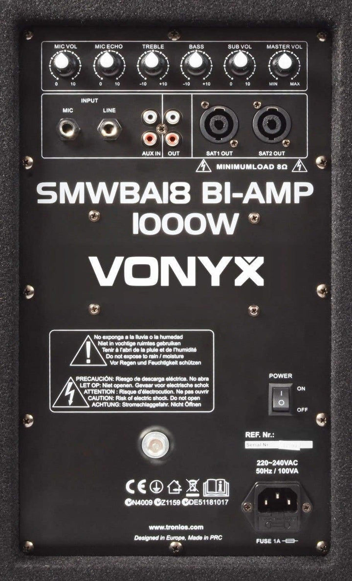 Vonyx SMWBA18 Aktiv Subwoofer, stabile Bassbox, 18 Zoll Sub 1000 Watt, Bi-AMP, integrierter Verstärk
