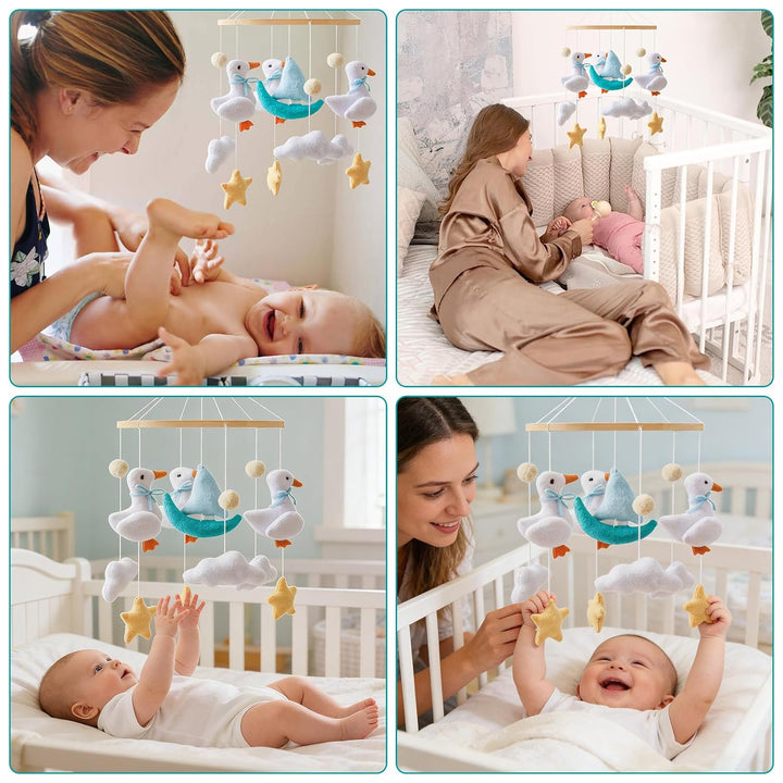 Mobile Babybett, Handgefertigt Bambus Filz Mobile mit weissen Enten, Wolken und gelben Sternen, Häng