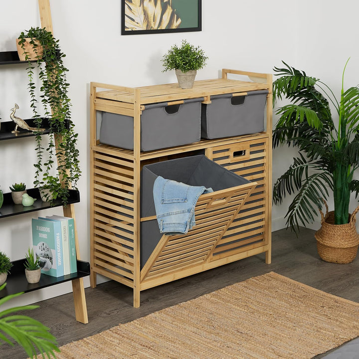 Relaxdays Wäschekorb, 2 kippbare Wäschesammler, je 40 Liter, 2 Schubladen, Bambus, Stoff, HBT: 95x88