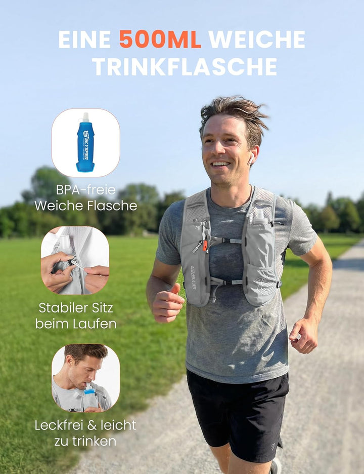 SKYSPER Laufweste für Damen Herren 12L Laufrucksack mit 500ml Trinkflasche Reflektierende Trinkweste