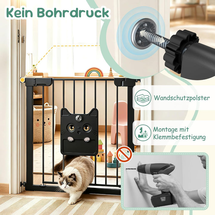 Türschutzgitter mit Katzenklappe ohne Bohre Absperrgitter Treppengitter Klemmgitter Schwarz 75–85cm