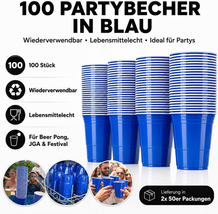 MYBEERPONG® Blaues Bierpong Becher Set: 100 Blue Cups (Markierung 0,4l + 0,5l) + 6 Beer Pong-Bälle -