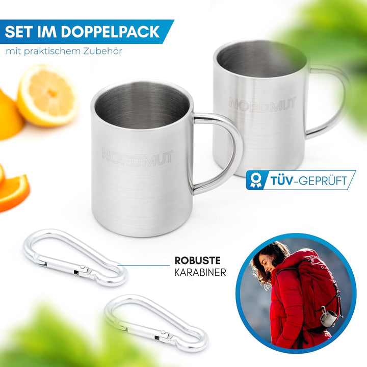 NORDMUT® Edelstahl Thermobecher [2er Set] Camping Tasse | nachhaltige Edelstahl Tasse | Kaffeetasse