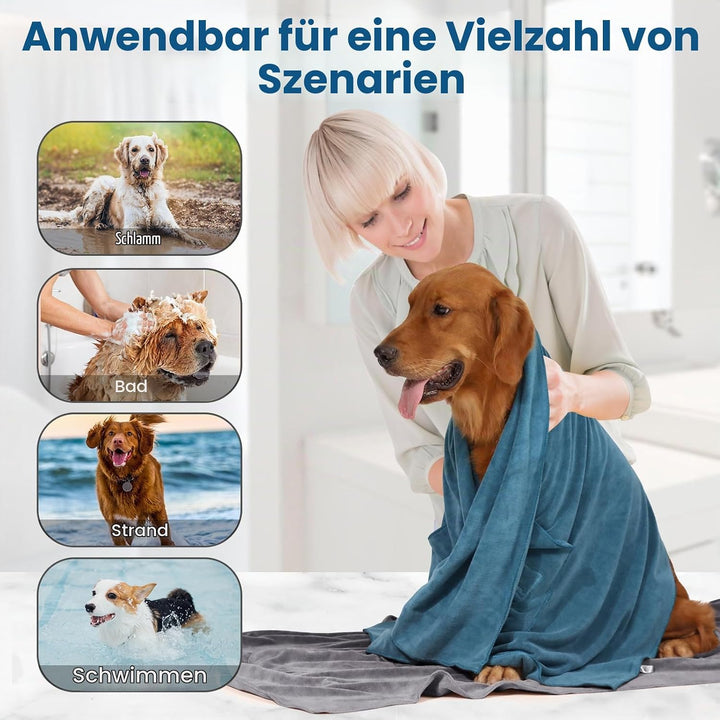 PETTOM 2 Stücke Hundehandtuch Extra Saugfähig mit Taschen, Handtuch Hund Microfaser Schnelltrocknend