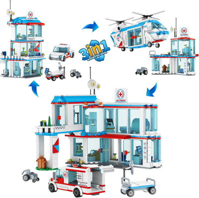 QLT QIAOLETONG City Krankenhaus 3 in 1 Baustein Set, Kompatibel Mit Lego Krankenhaus, inklusive Rett