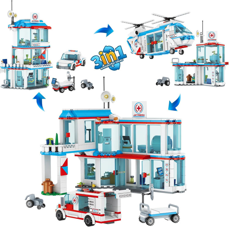 QLT QIAOLETONG City Krankenhaus 3 in 1 Baustein Set, Kompatibel Mit Lego Krankenhaus, inklusive Rett