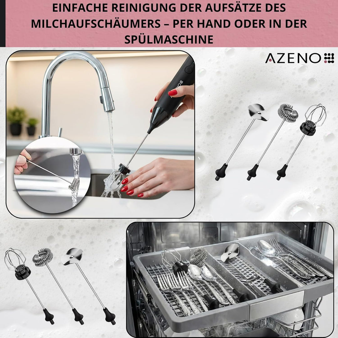AZENO Elektrischer Milchaufschaeumer 3in1, akkubetrieben, USB-C, 3 Geschwindigkeitsstufen, 8 W, 600