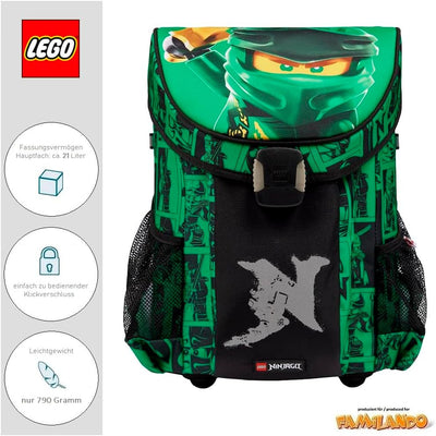 Lego Ninjago Schulranzen-Set Easy Green 8tlg. Set mit Federmappe, Regenschutz und Dose und Flasche,