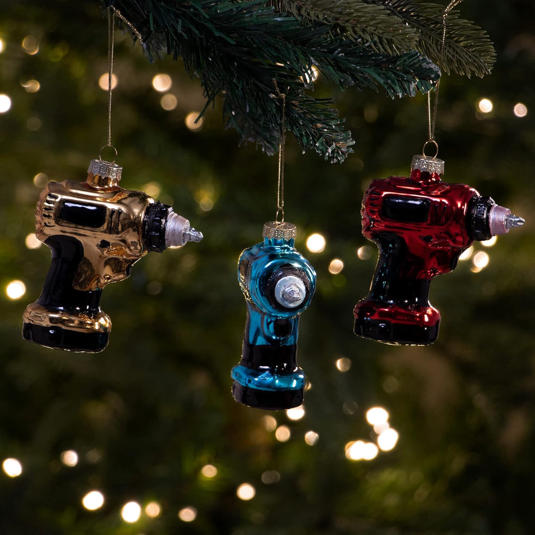com-four® 3X Premium Christbaumschmuck - Deko-Bohrmaschine aus Glas - besondere Baumkugeln als Weihn