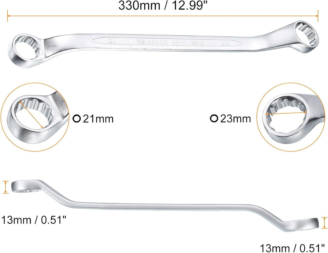 QUARKZMAN 45 Grad Offset Doppel-Ringschlüssel 21 mm x 23 mm, 12-Punkt-Metrischer CR-V-Doppelringschl