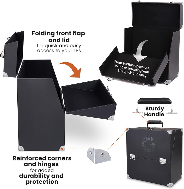 Legend Vinyl Schallplattenbox für bis zu 40 LPs, Schallplattenbox mit Öffnung vorne, für einfache Na