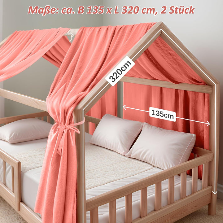 Hausbett Himmel Deko Set, Betthimmel Hausbett aus Musselin - 2 Betthimmel & 1 Wimpelkette, für Junge
