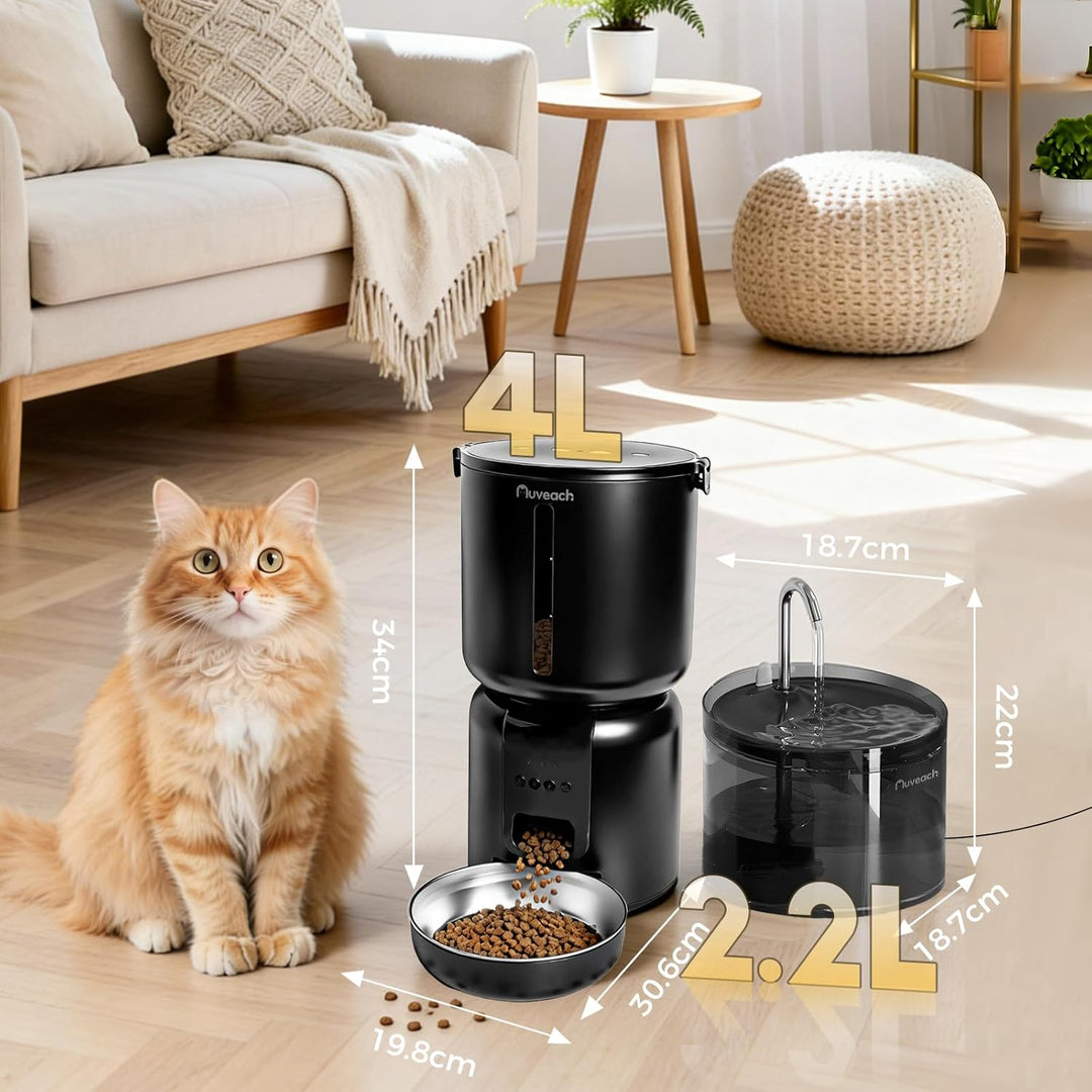 Auveach Futterautomat Katze und Katzenbrunnen Set - 4L 2.4G WiFi Futterspender mit Programmierbarem