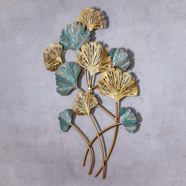 levandeo Wandbild 48x76cm Gold Blau Ginkgo Metall-Bild Wand-Deko Wandhänger Wandobjekt Dekoration De