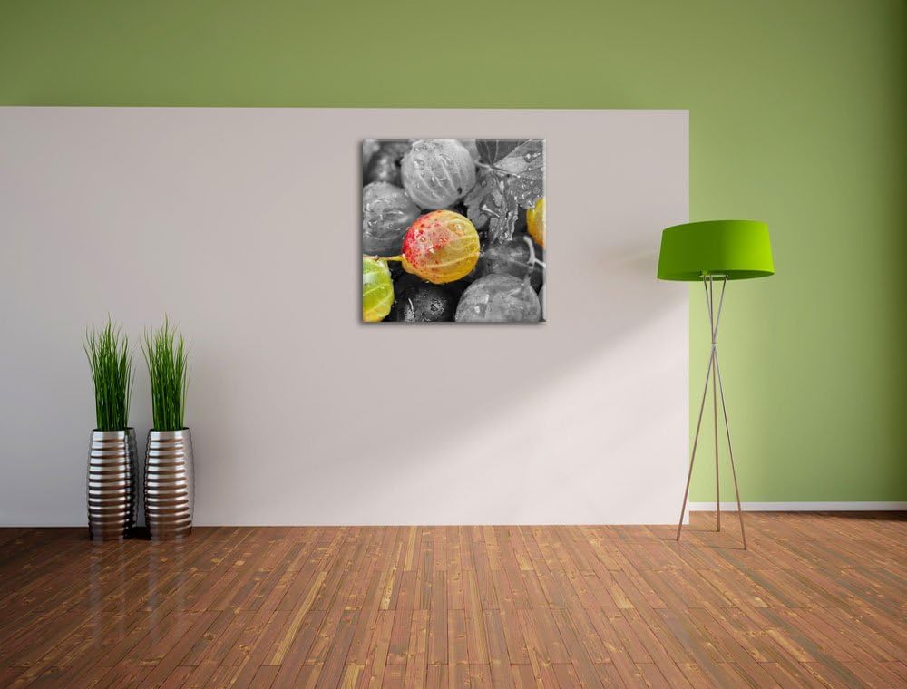 Pixxprint Stachelbeeren mit Wassertropfen / 70x70cm Leinwandbild bespannt auf Holzrahmen/Wandbild Ku
