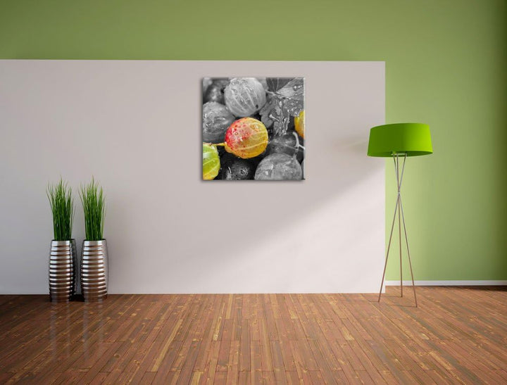 Pixxprint Stachelbeeren mit Wassertropfen / 70x70cm Leinwandbild bespannt auf Holzrahmen/Wandbild Ku