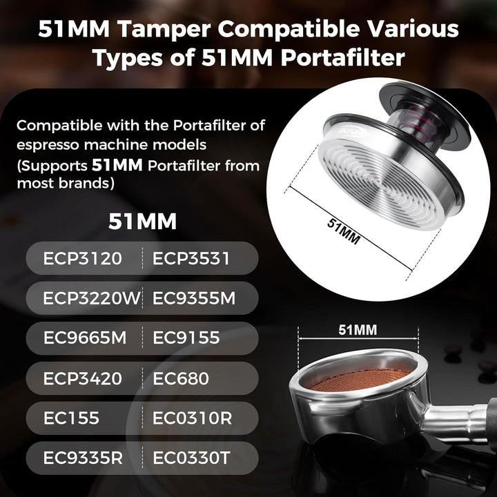 IKAPE 51-mm-Kaffeetamper für Espresso, federkalibrierter Tamper mit halbtransparentem Design, Tamper