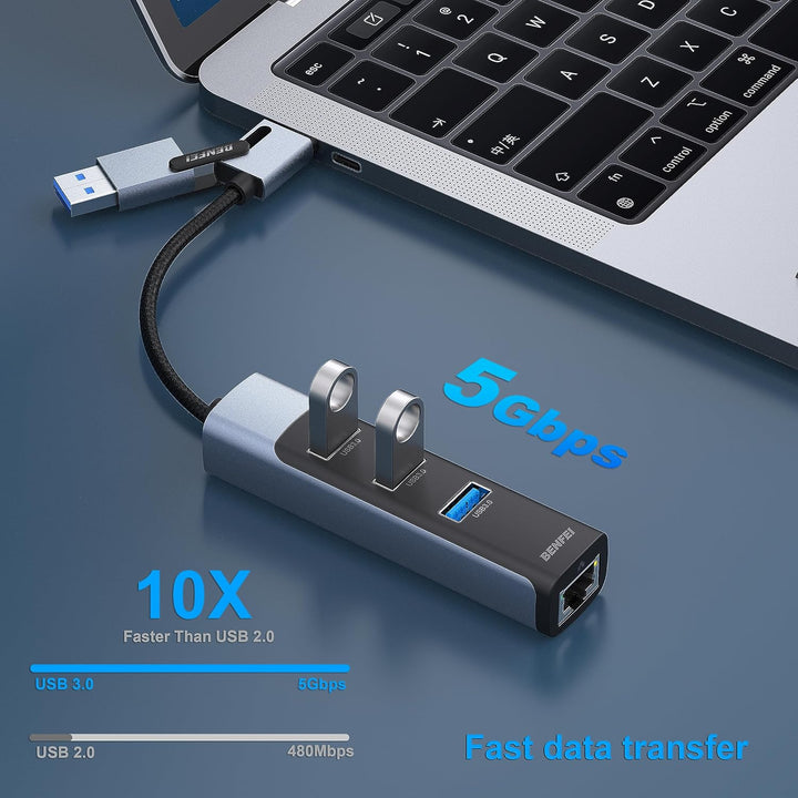 BENFEI Ethernet Adapter mit 3*USB 3.0, USB Typ-C/Typ-A auf Gigabit Ethernet LAN Netzwerk Adapter, ko