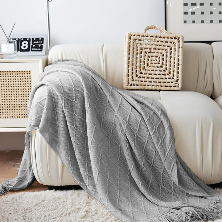 LumiSyne Gestrickte Decke Mit Quaste Einfarbig Geometrische Muster Kuscheldecke Strickdecke Tagesdec