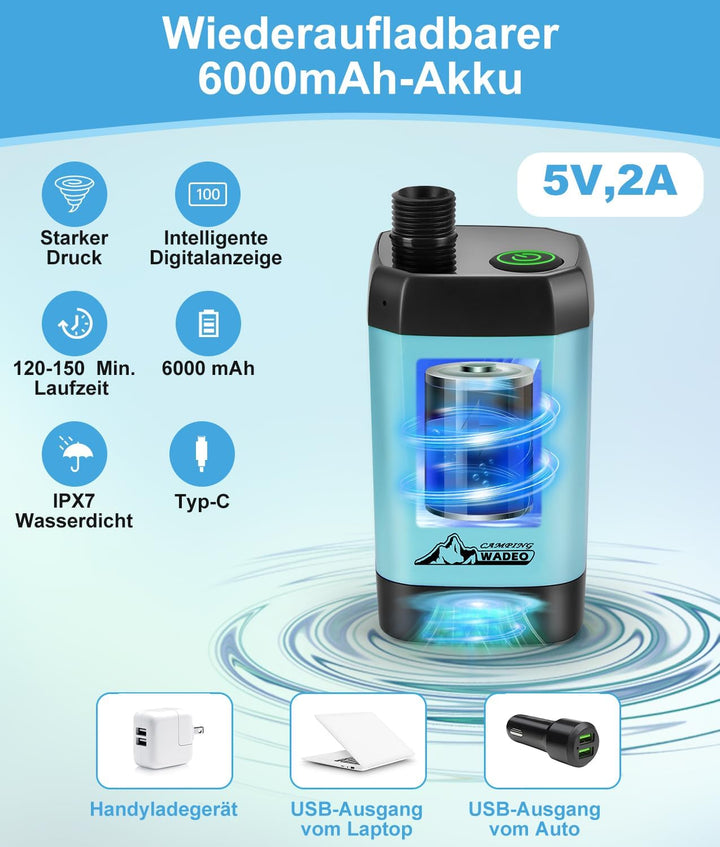 WADEO Tragbare Campingdusche Akku mit Pumpe, Camping Dusche mit wiederaufladbarem Akku [6000-8000mAh