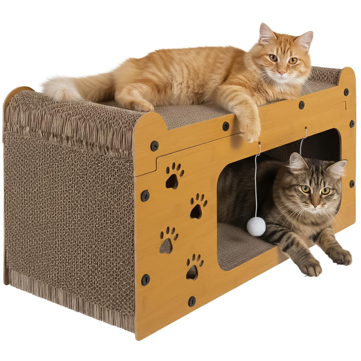 Purlov Katzen Kratzhaus 3-in-1 mit 2 Ebenen – HDF & extra Feste Wellpappe, Liegeplatz + Kratzfläche