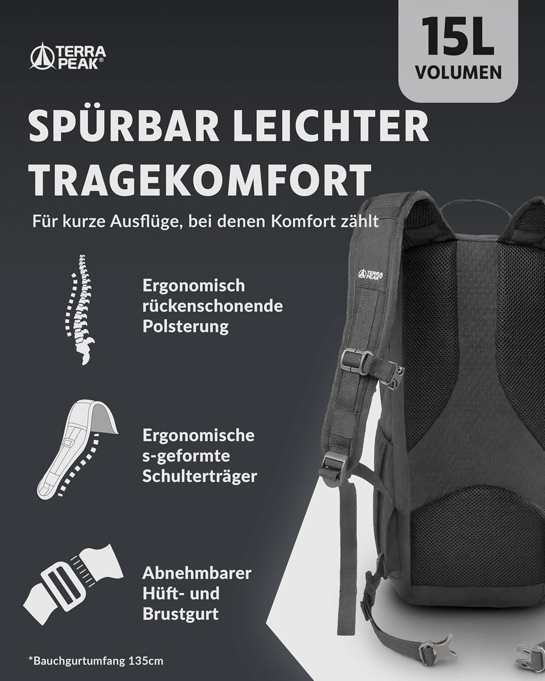 Terra Peak® Premium Wanderrucksack 15L (AREN) für Damen & Herren klein & extra leicht mit Rückenbelü