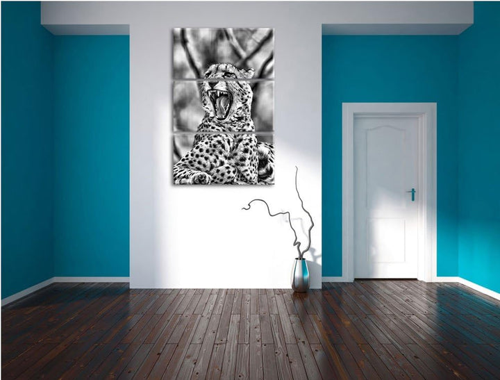 Pixxprint Gepard gähnt als Leinwandbild/Grösse: 3 Teilig (120x80) cm/Wandbild/Kunstdruck/fertig besp