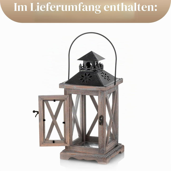 Sziqiqi Laterne Kerzenhalter Vintage Windlicht Laterne Holz Metall Dekorative Windlichthalter für Dr