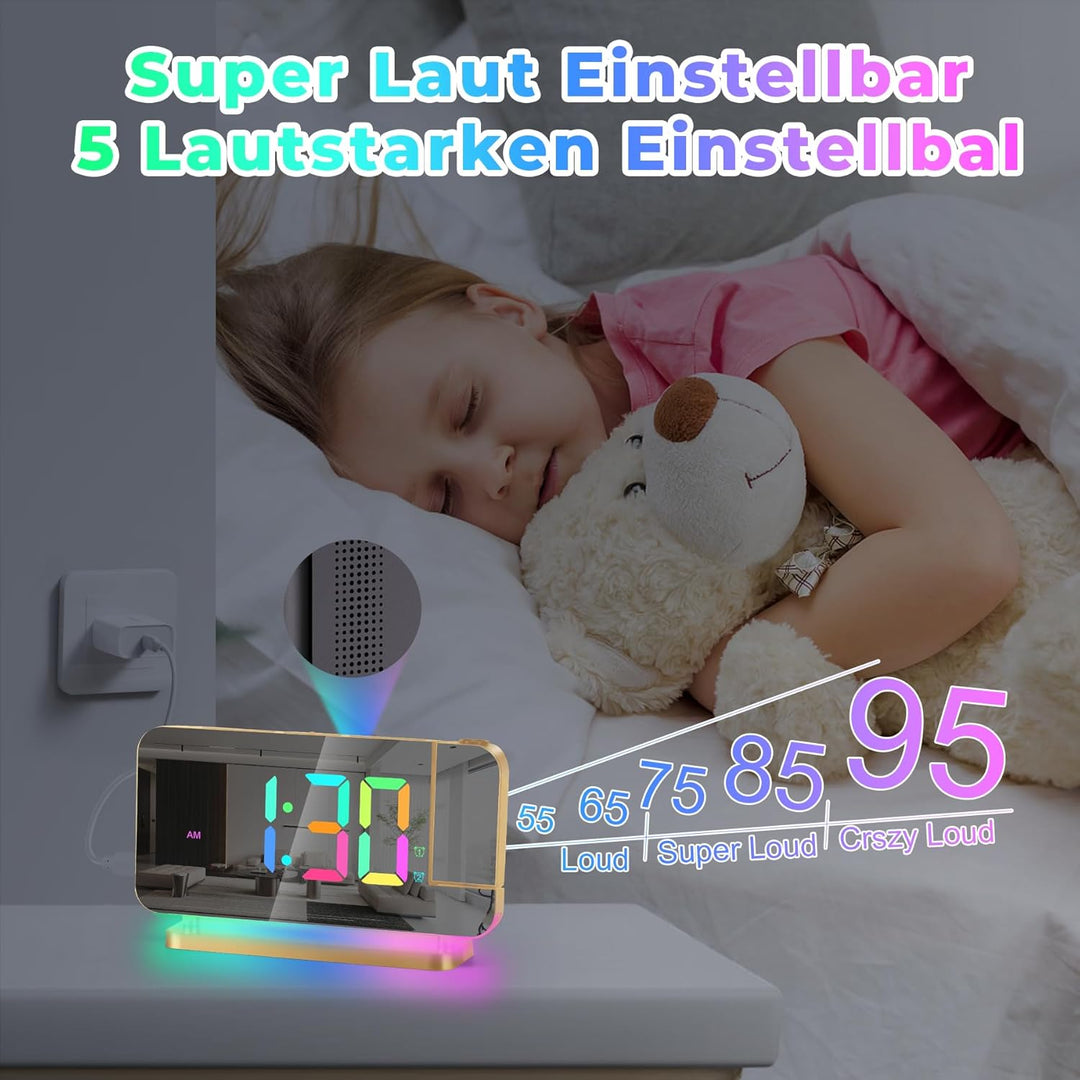 U-picks Projektionswecker,Wecker Digital,7.4" LED-Spiegeluhr mit um 180°Drehbarem Projektor,11 RGB-F