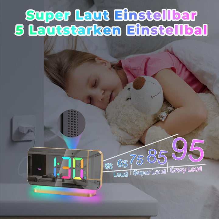 U-picks Projektionswecker,Wecker Digital,7.4" LED-Spiegeluhr mit um 180°Drehbarem Projektor,11 RGB-F