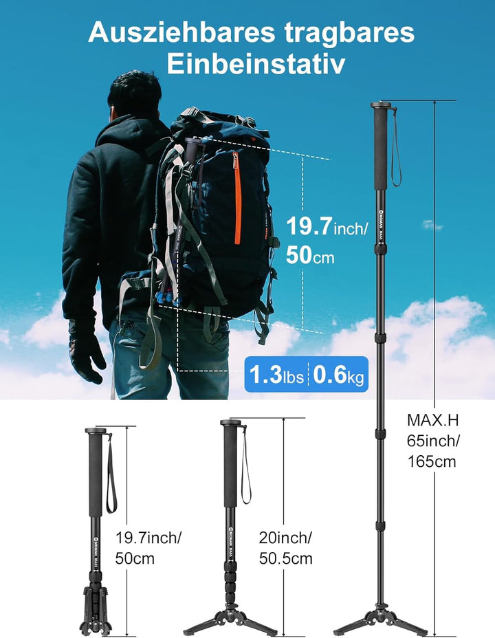 Moman Einbeinstativ Kamera Stativ Einbein Reisestativ mit Standspinne, DSLR Monopod Wanderstock, 0,6