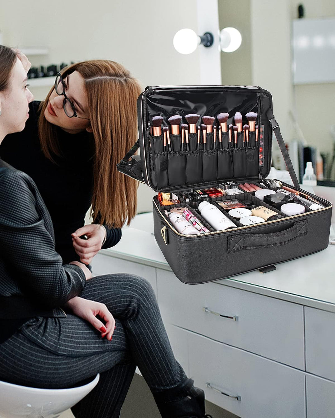 Relavel Extra Grosse Makeup Tasche Leder Reise Makeup Zug Tasche Professionelle Makeup Künstler-Tasc