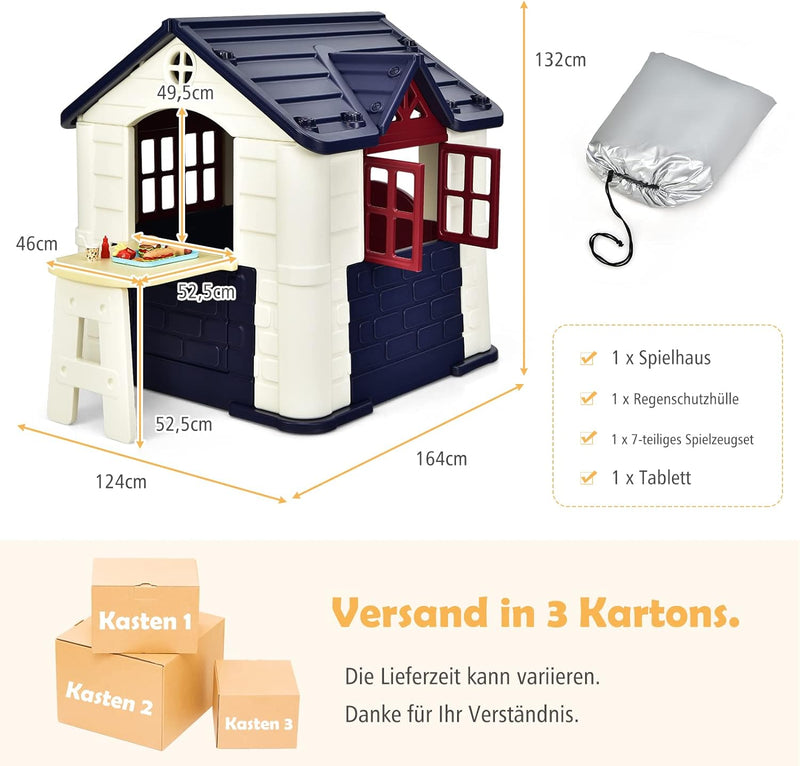 COSTWAY Kinder Spielhaus für bis zu 6 mit Pickniktisch, Türen und Fenstern, Kinderhäuschen Outdoor i