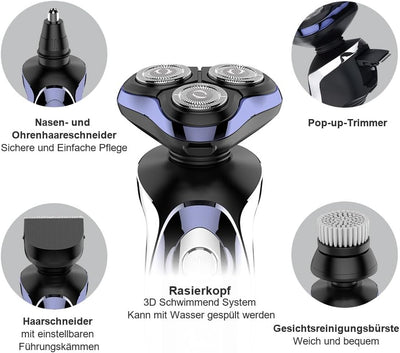 Rasierer Herren elektrisch Elektrorasierer Shaver, 5in1 Rotationsrasierer Präzisionstrimmer IPX7 Ele