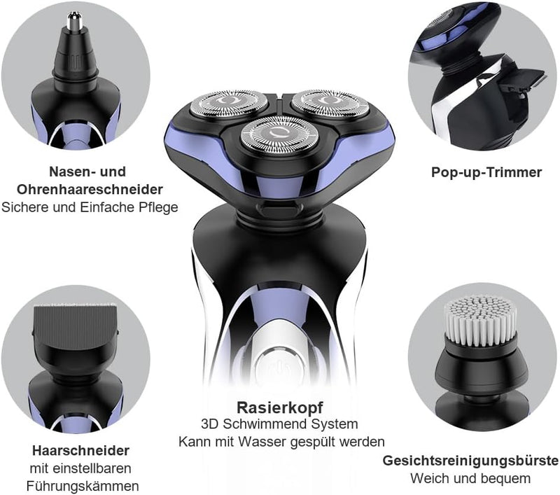 Rasierer Herren elektrisch Elektrorasierer Shaver, 5in1 Rotationsrasierer Präzisionstrimmer IPX7 Ele