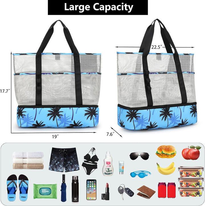 8 Taschen Tote Mesh Strandtasche Damen Gross Faltbare mit Wasserdichter Kühltasche für Spielzeugaufb