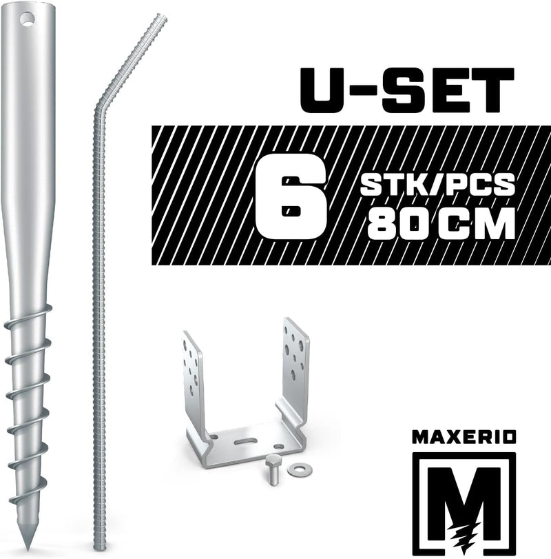 Maxerio 80 cm U-Set 6er Schraubfundamente inkl. 101 mm Pfostenträger; Ø 60 x 2; M12 6er U-Set 10cm,