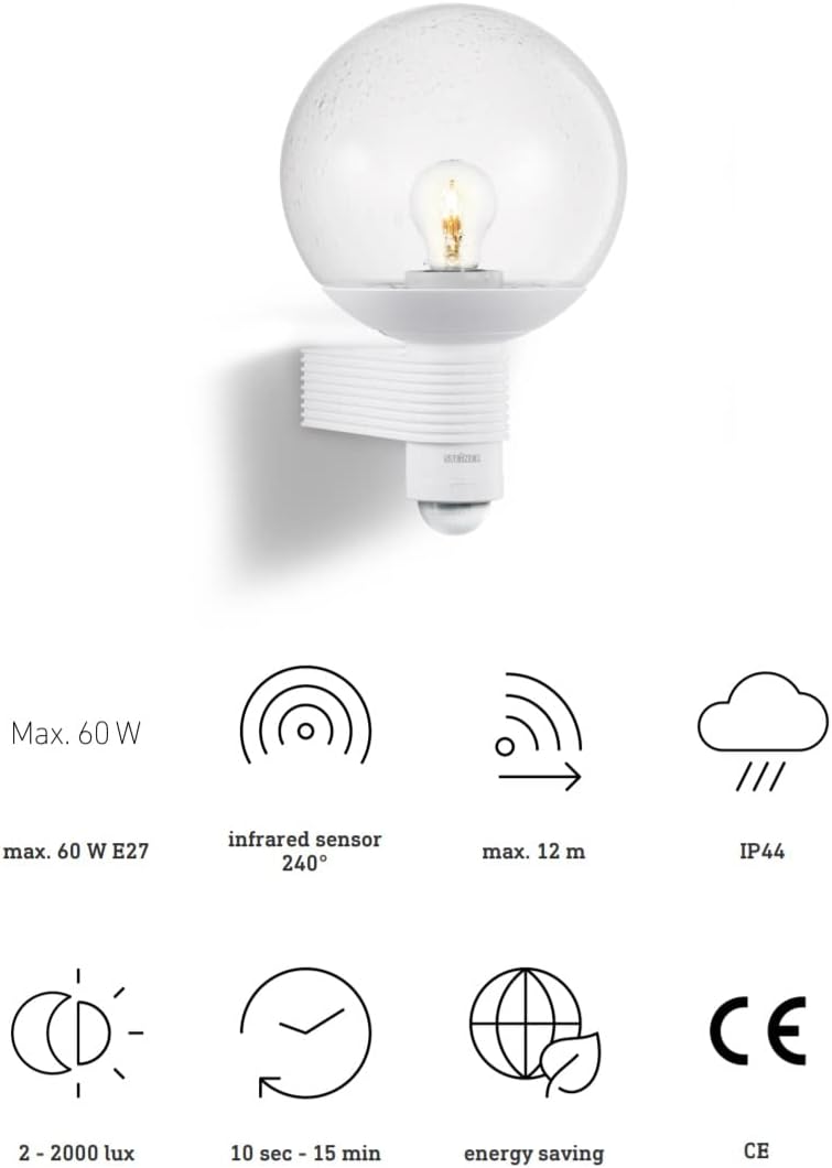 Steinel Aussenwandleuchte L 400 S Weiss, 240° Bewegungsmelder, Max. 12 m Reichweite, klassisch, mund
